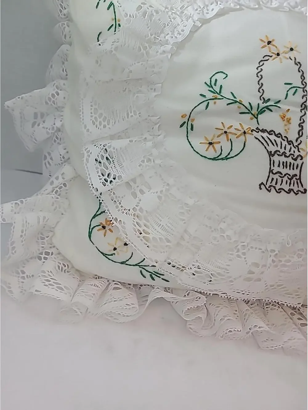 Shabby Chic Hand Stitched Embroidered Pillow With Lace Trim Cottagecore 12x12